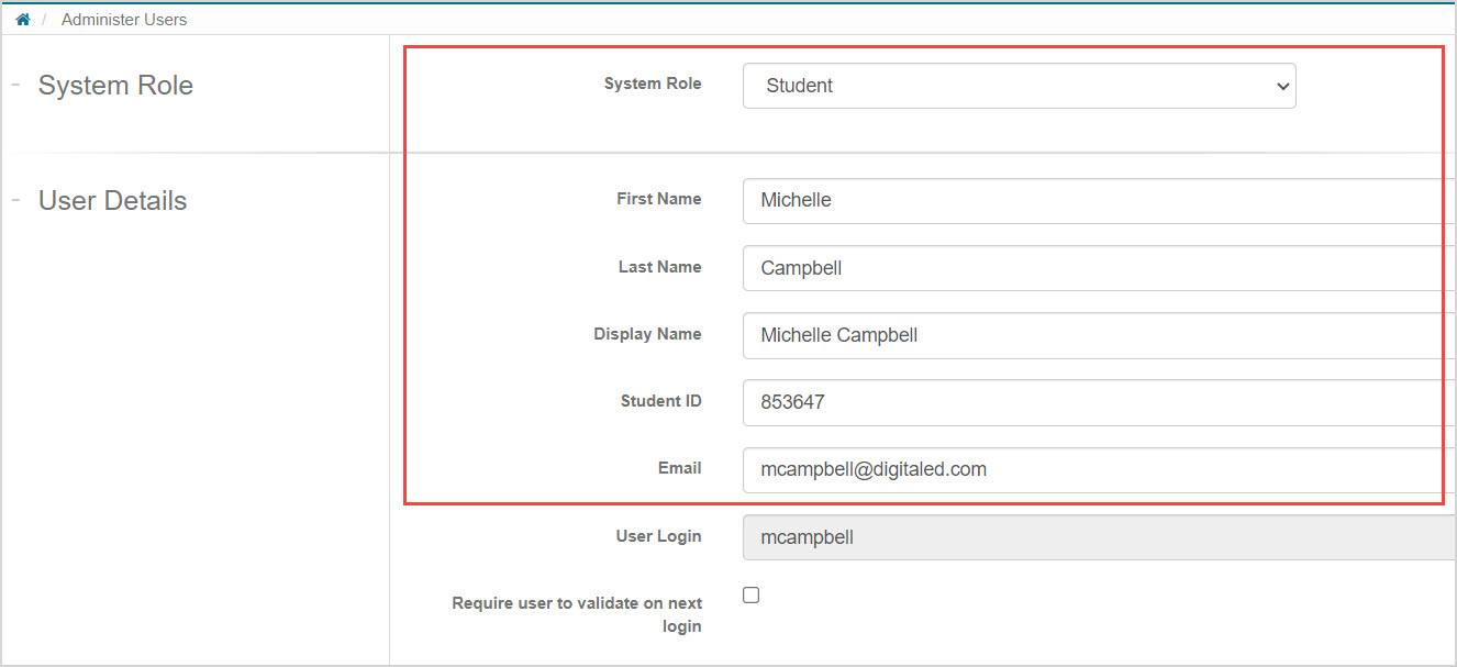 The "System Role", "First Name", "Last Name", "Display Name", "Student ID", and "Email" fields are editable.